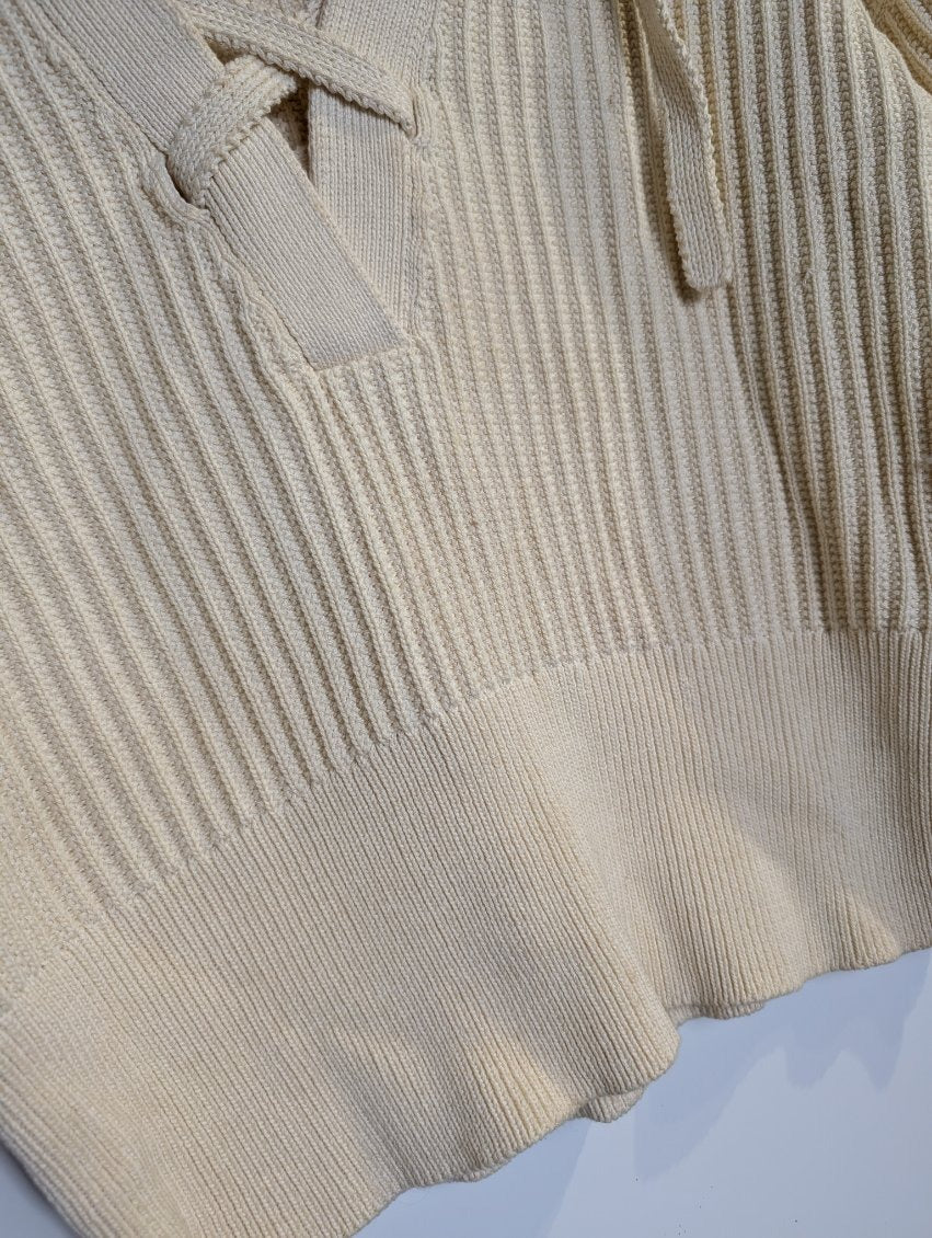 Oroton Ribbed Knit Lace-Up Polo Top Cream Women's Size S - Image 6