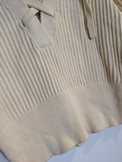 Oroton Ribbed Knit Lace-Up Polo Top Cream Women's Size S - Image 6