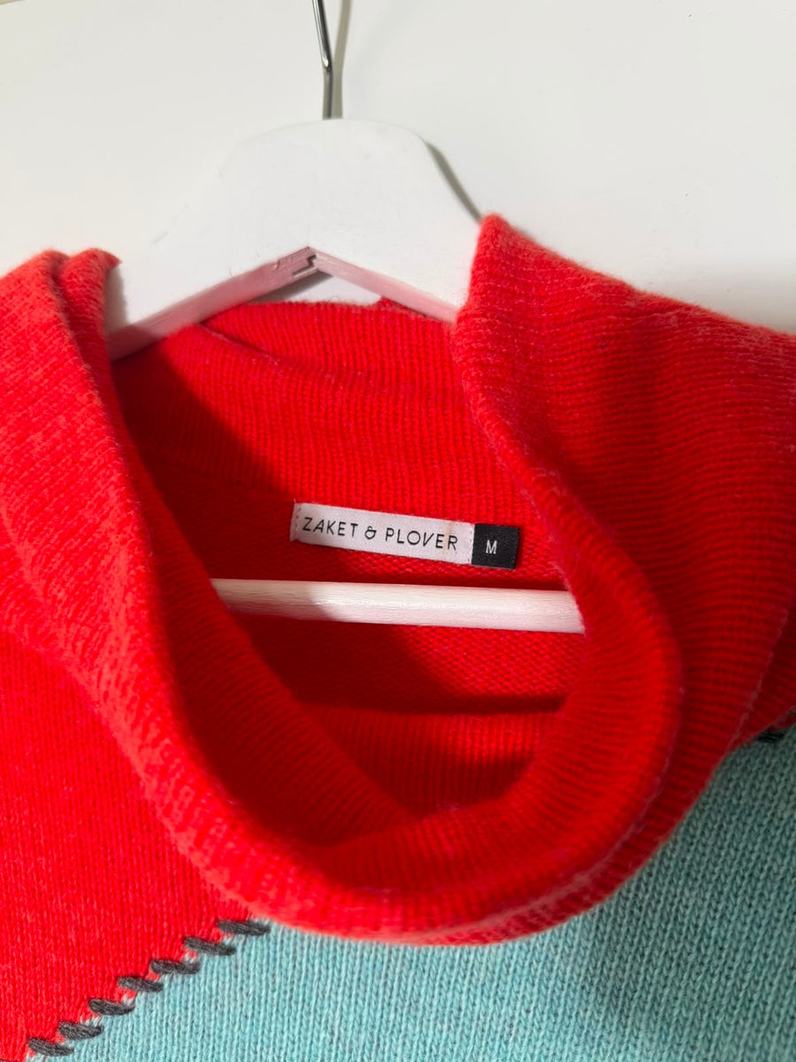 Zaket & Plover Colorblock Turtleneck Sweater Red and Teal Size M - Image 3
