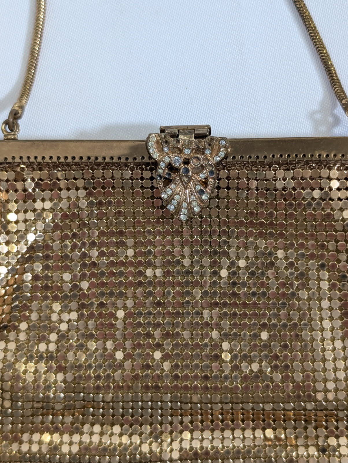 Oroton Metal Mesh Evening Bag Gold Tone Rhinestone Owl Clasp - Image 6