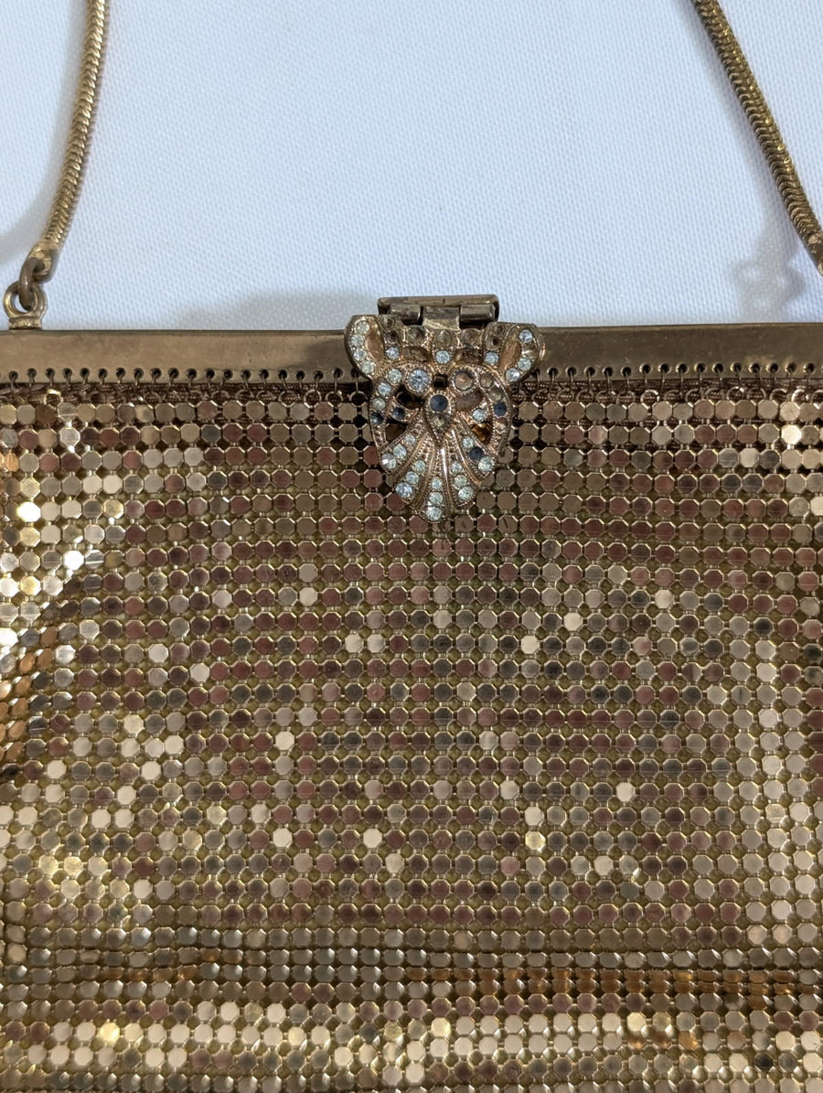 Oroton Metal Mesh Evening Bag Gold Tone Rhinestone Owl Clasp - Image 6