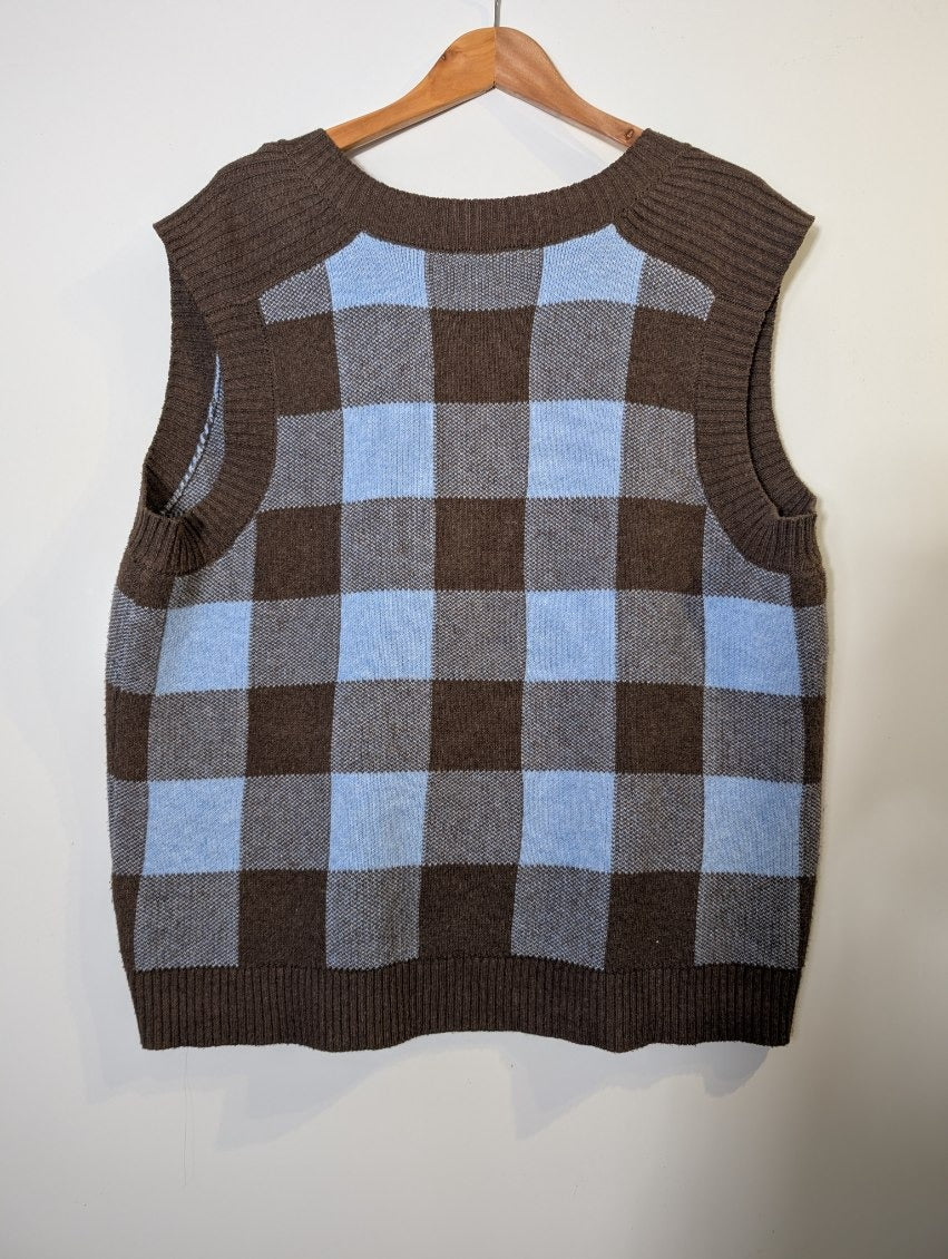 Brown and Blue Checkered V-Neck Sweater Vest - Image 3