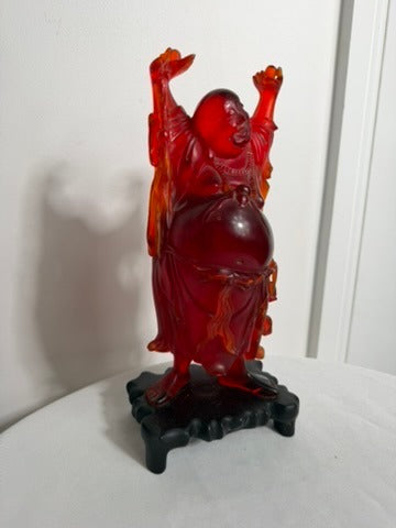 Vintage Chinese Red Resin Laughing Buddha Figurine with Stand - Image 6