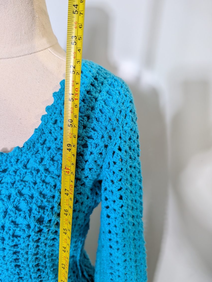 Vintage Handmade Crochet Maxi Dress - Vibrant Blue Long Sleeve - Image 6
