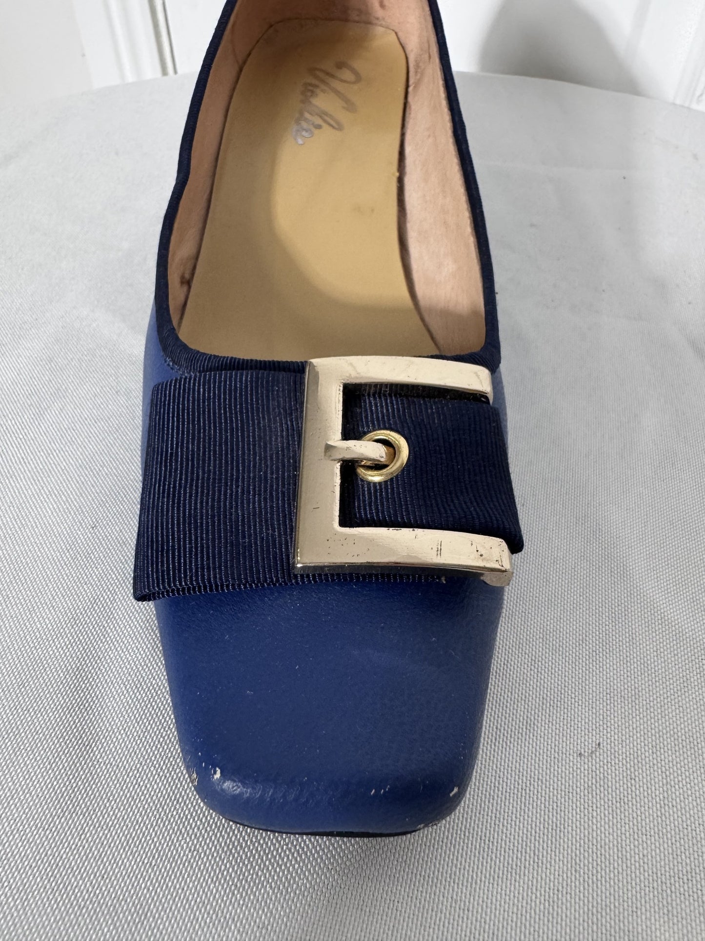Aigner Blue Leather Block Heel Pumps - Logo Buckle Detail - Image 6