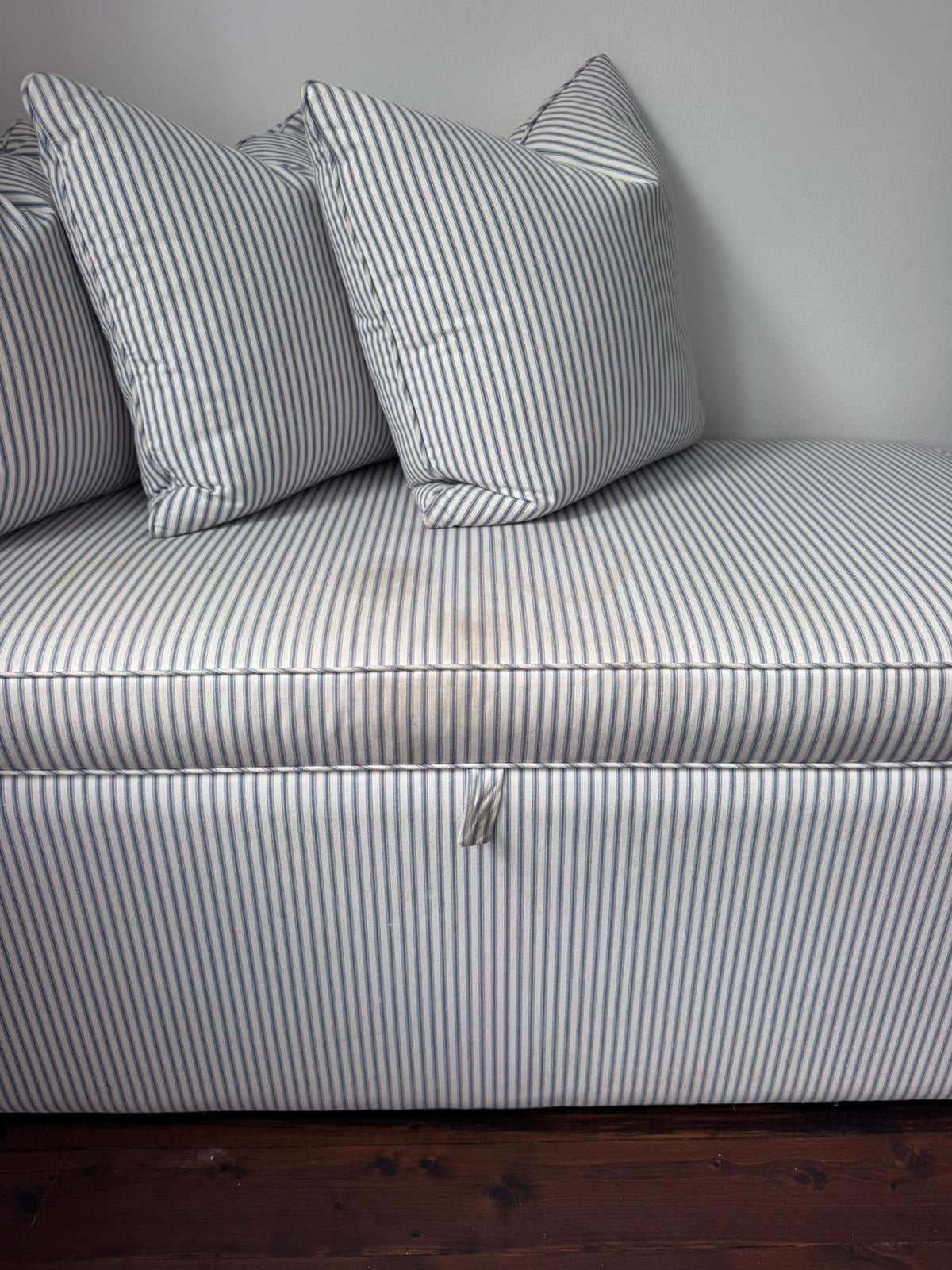 Custom Upholstered Storage Ottoman Bench - Blue & White Stripe - Image 7