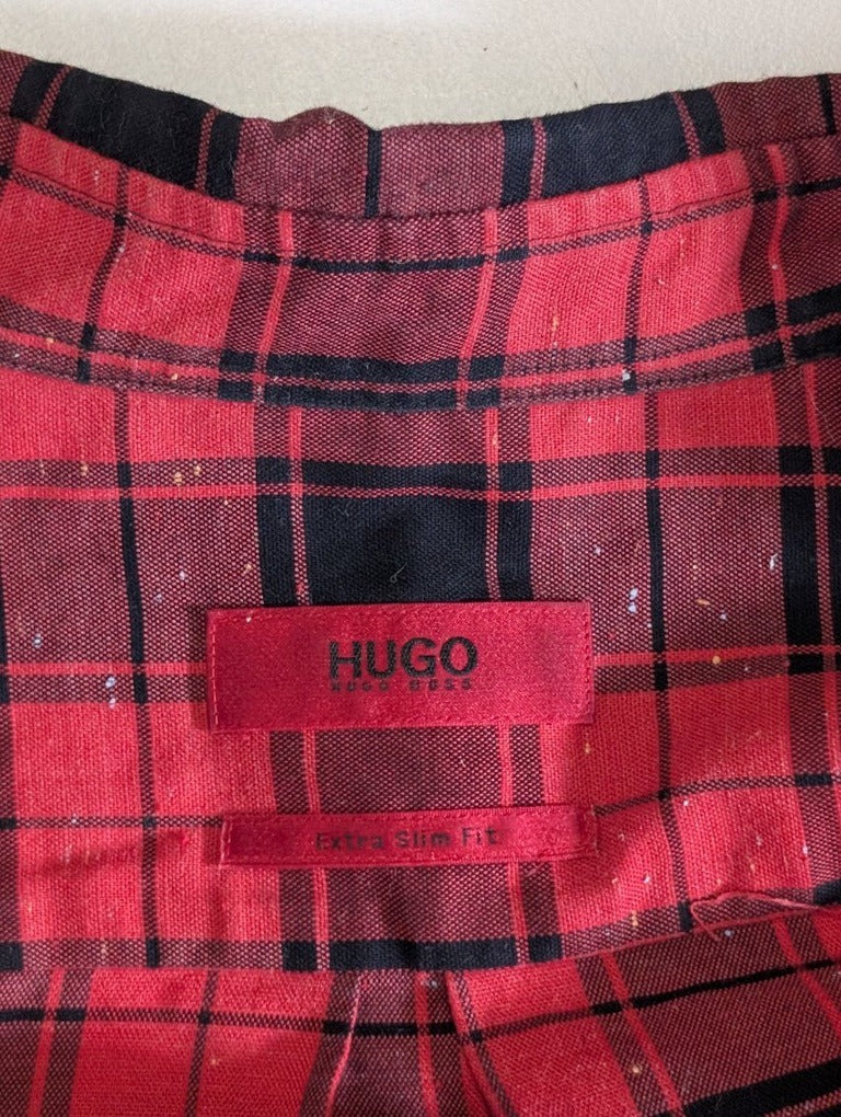HUGO Boss Red and Black Plaid Button-Down Shirt - Men's Size M - Image 6