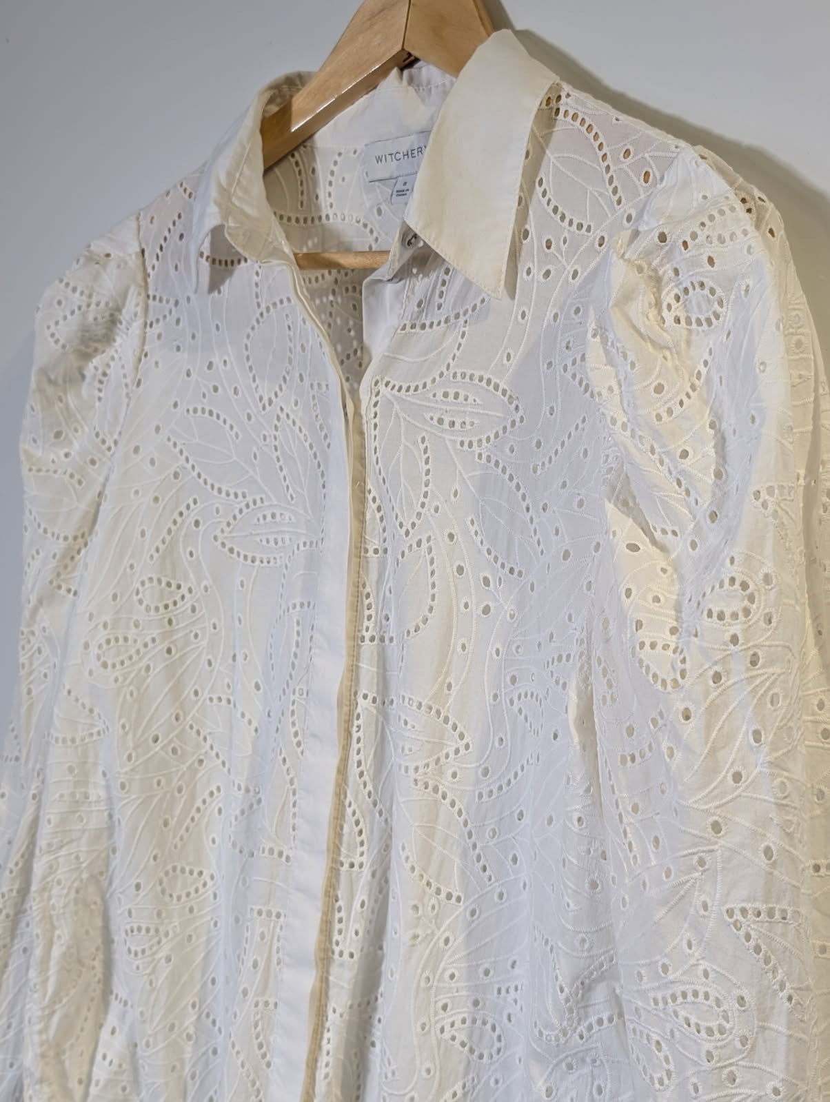 Witchery Broderie Anglaise Button-Down Shirt White Women's Size 8 - Image 7