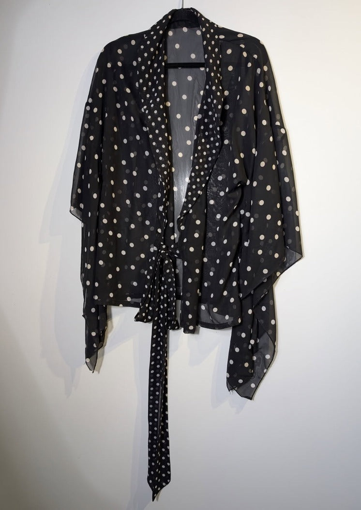 Syomirizwa Gupta Polka Dot Sheer Tie-Front Kimono Top Black/White Size L - Image 6