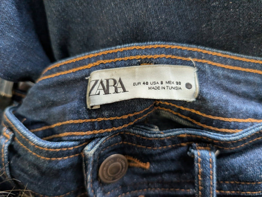 Zara High-Rise Wide-Leg Jeans Dark Wash Patch Pocket Raw Hem EUR 40 - Image 3