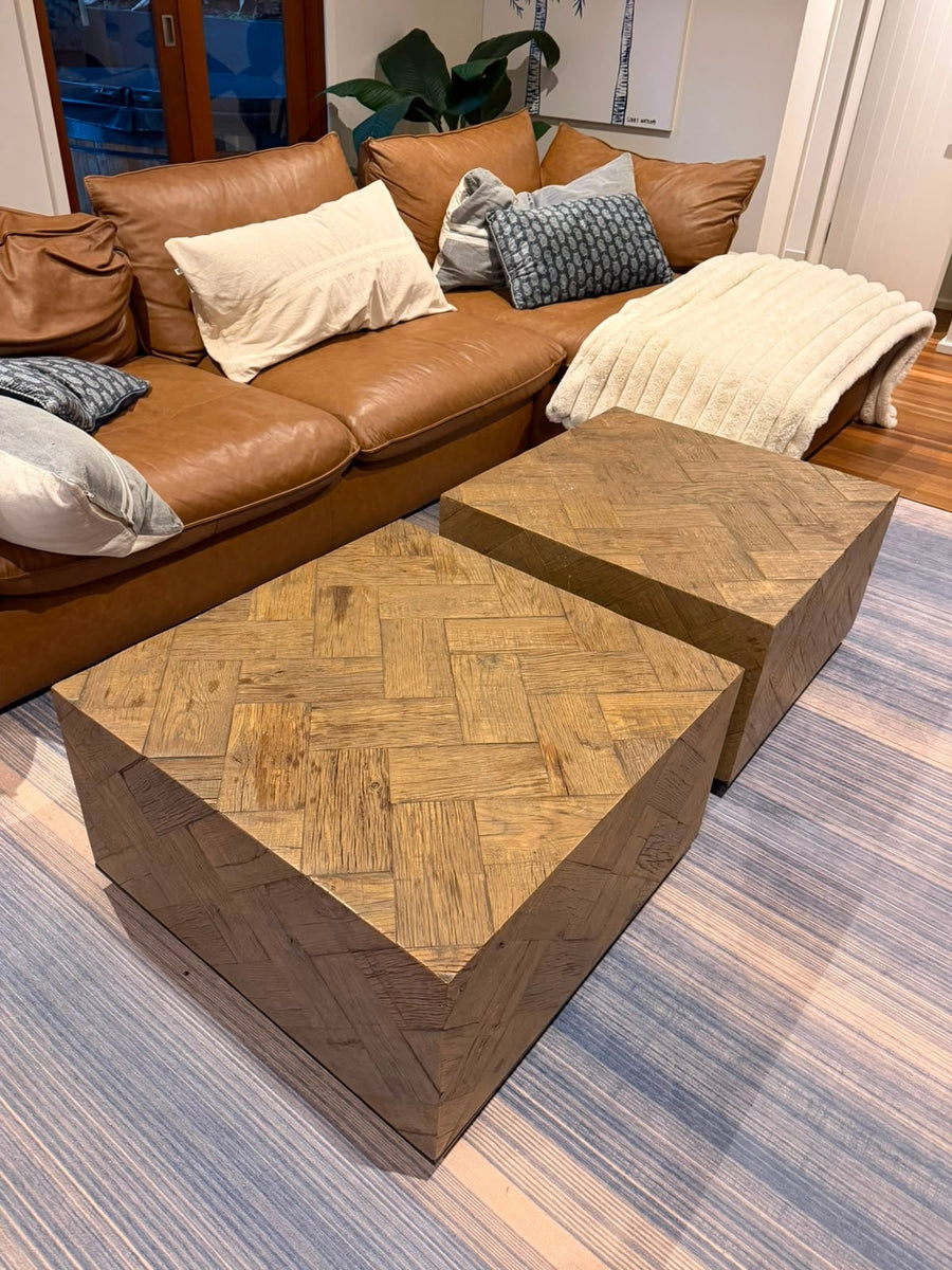 Coco Republic Solid Wood Herringbone Parquet Coffee Table Set - Pair Brown - Image 6