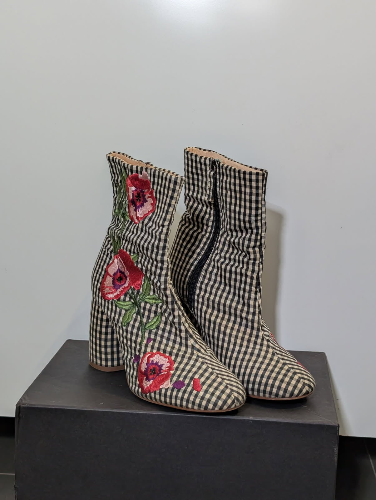 Topshop Gingham Floral Embroidered Ankle Boots - EU 39 - Image 6