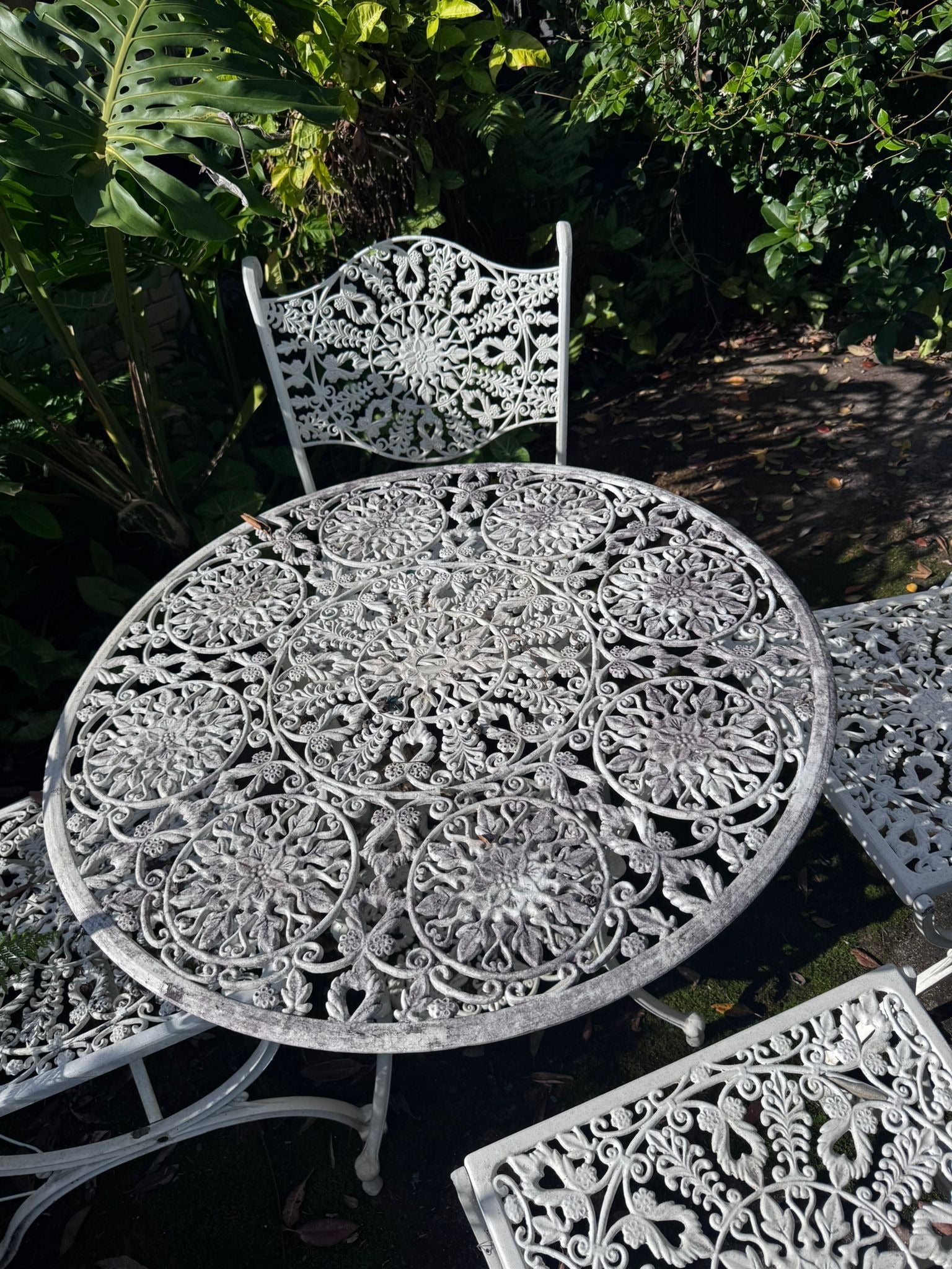 Vintage Style Ornate Cast Aluminum Bistro Set - White Garden Furniture - Image 6
