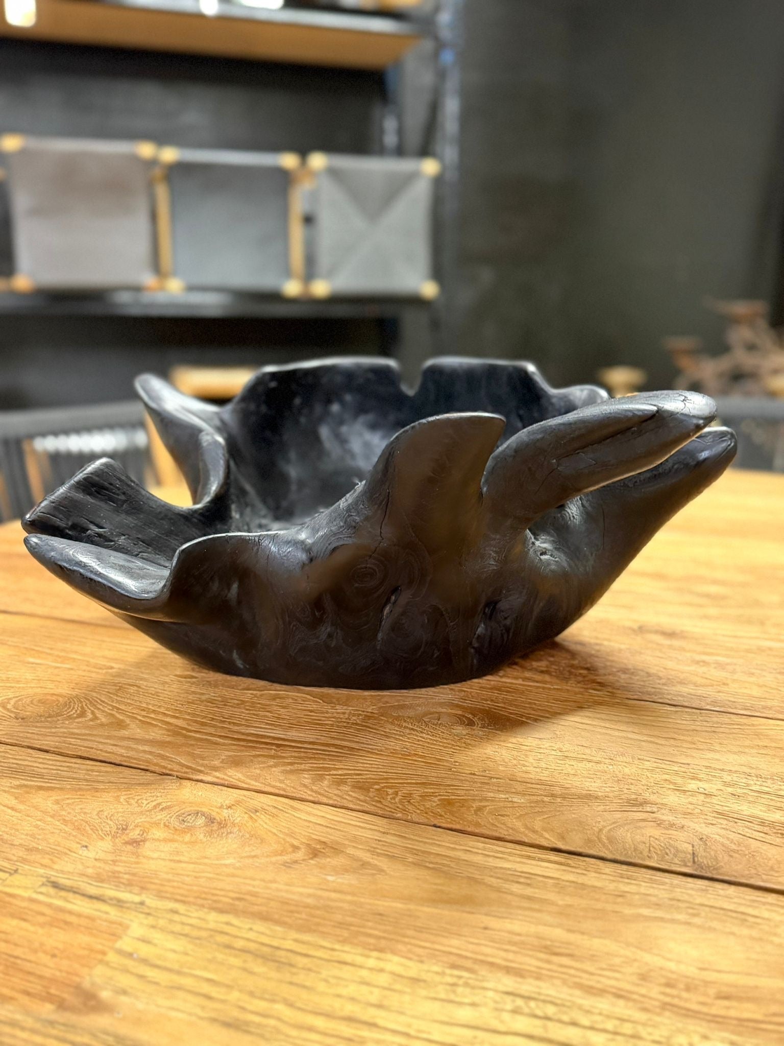 Hand-Carved Teak Root Bowl Black Stained Sculptural Piece - Image 6