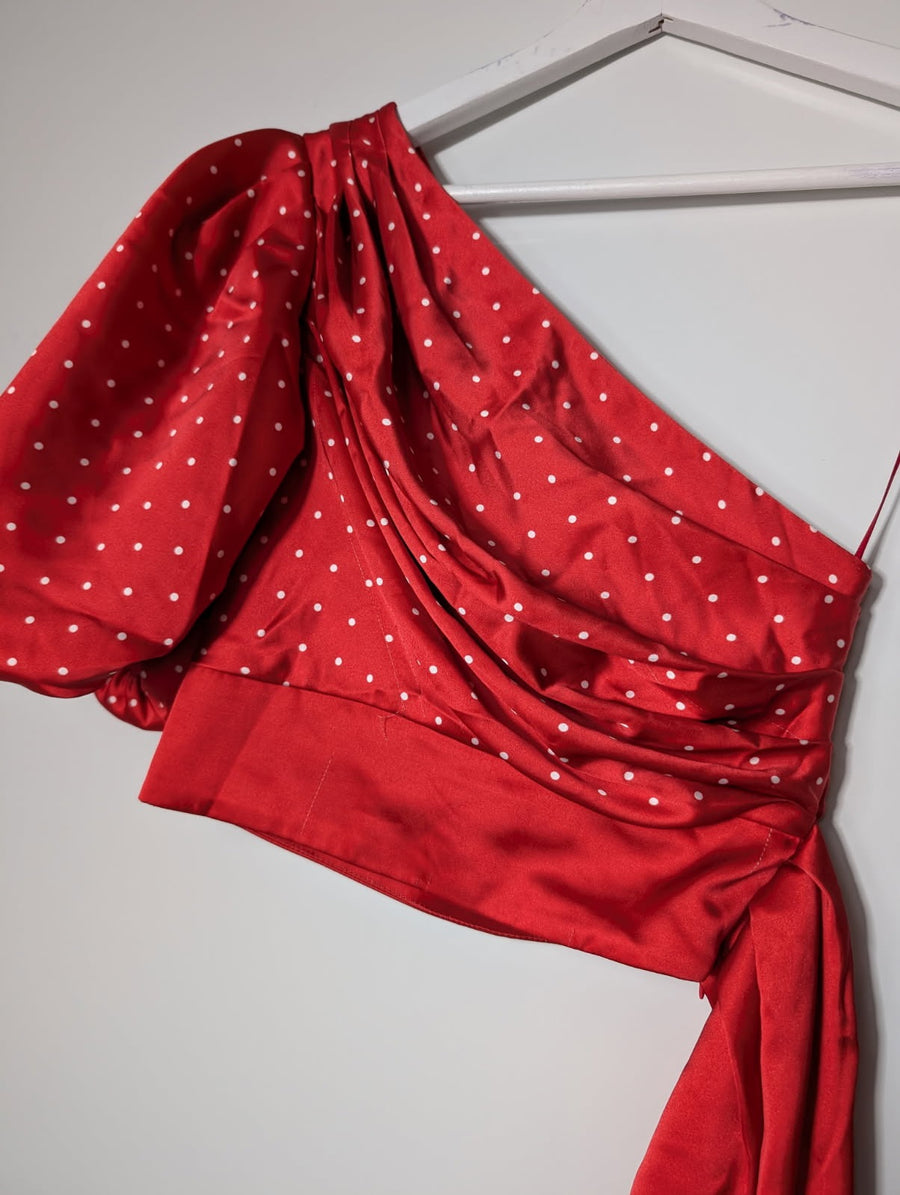 Misha Collection Toria One-Shoulder Puff Sleeve Top Red Polka Dot AU 6 - Image 6