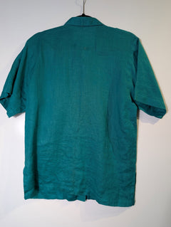 Grey Linen Short Sleeve Button-Up Shirt Teal Embroidered Pocket - Image 7