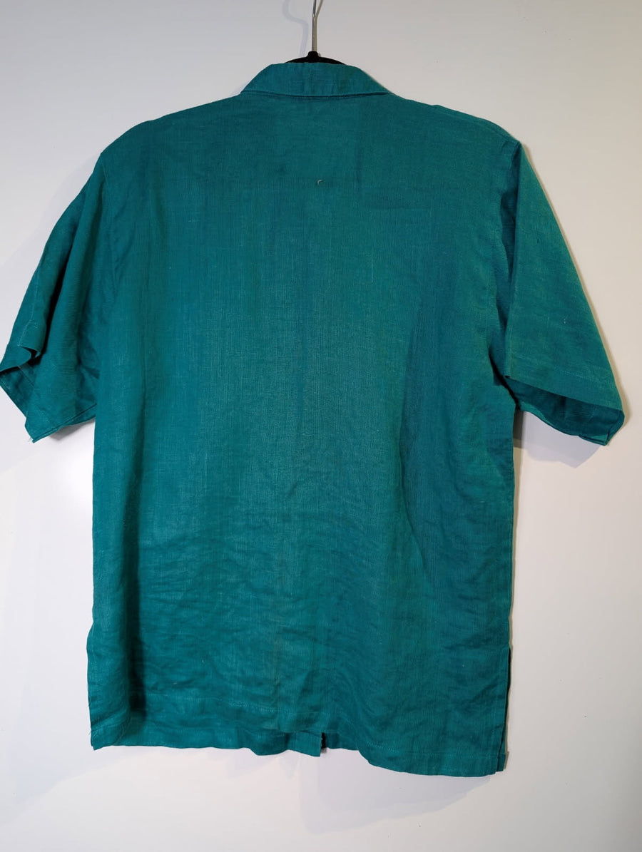 Grey Linen Short Sleeve Button-Up Shirt Teal Embroidered Pocket - Image 7