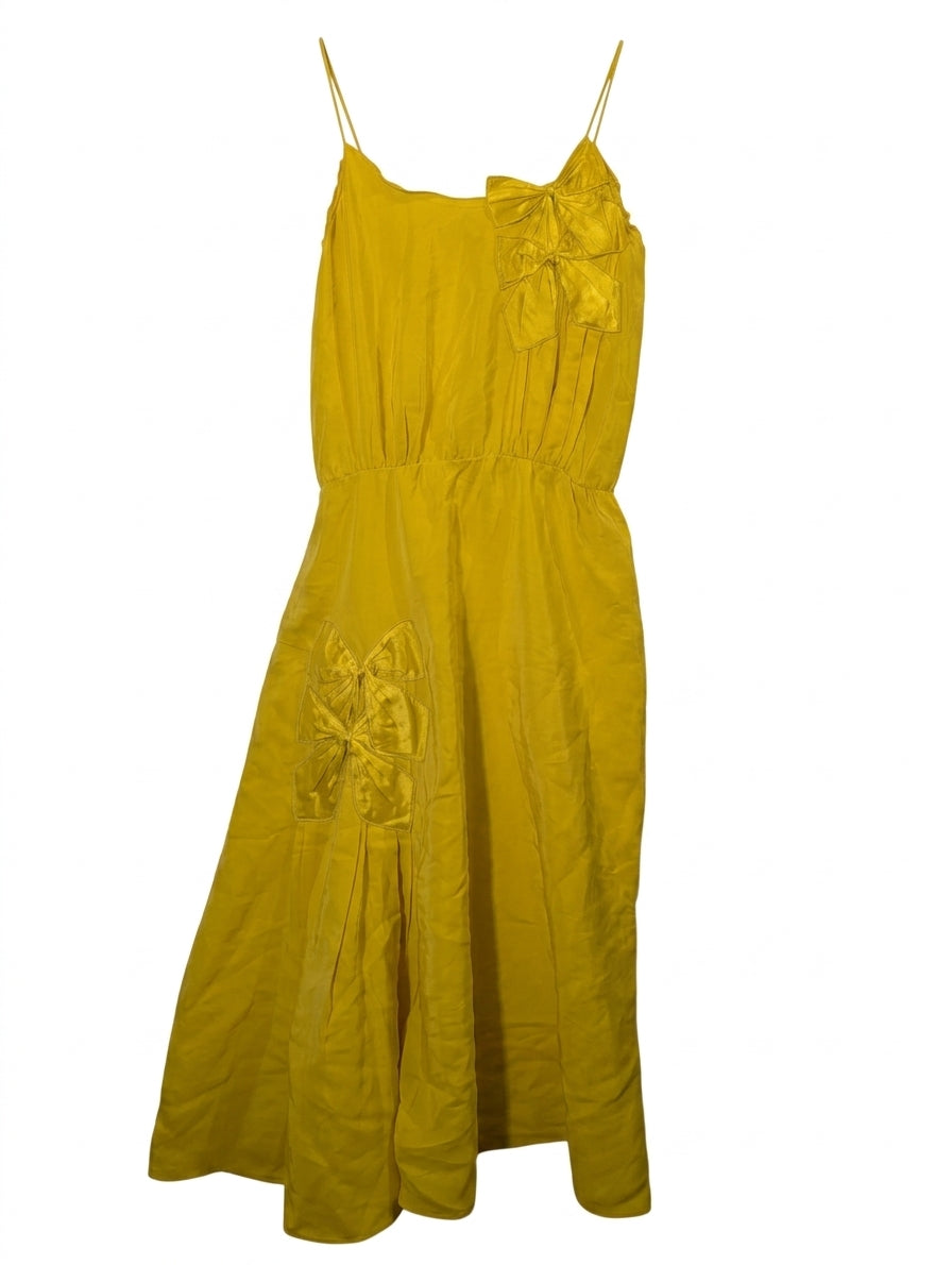 Scanlan & Theodore Vintage Yellow Silk Spaghetti Strap Bow Detail Dress - Image 1