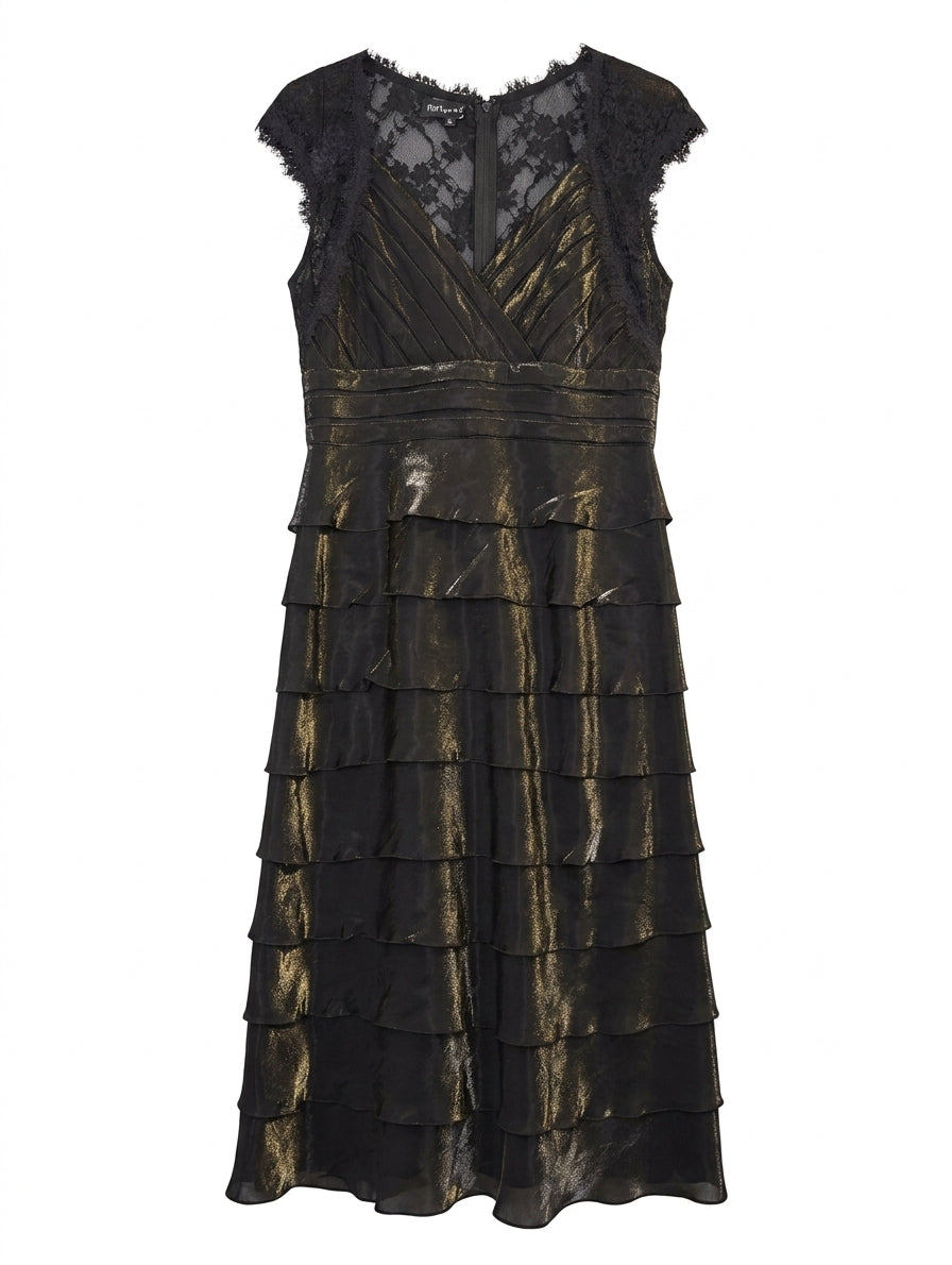 Flirt Prom Black and Gold Metallic Tiered Lace Dress - Size 16 - Image 1