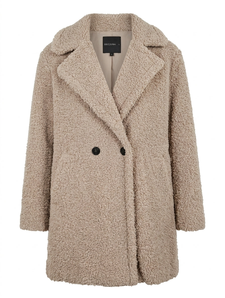 Decjuba Teddy Faux Fur Double Breasted Coat Beige Size L - Image 1