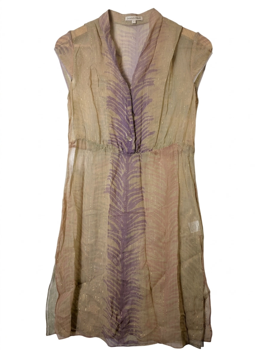 Jovovich-Hawk Silk Tunic Dress - Gold Metallic Feather Print Size 4 - Image 1