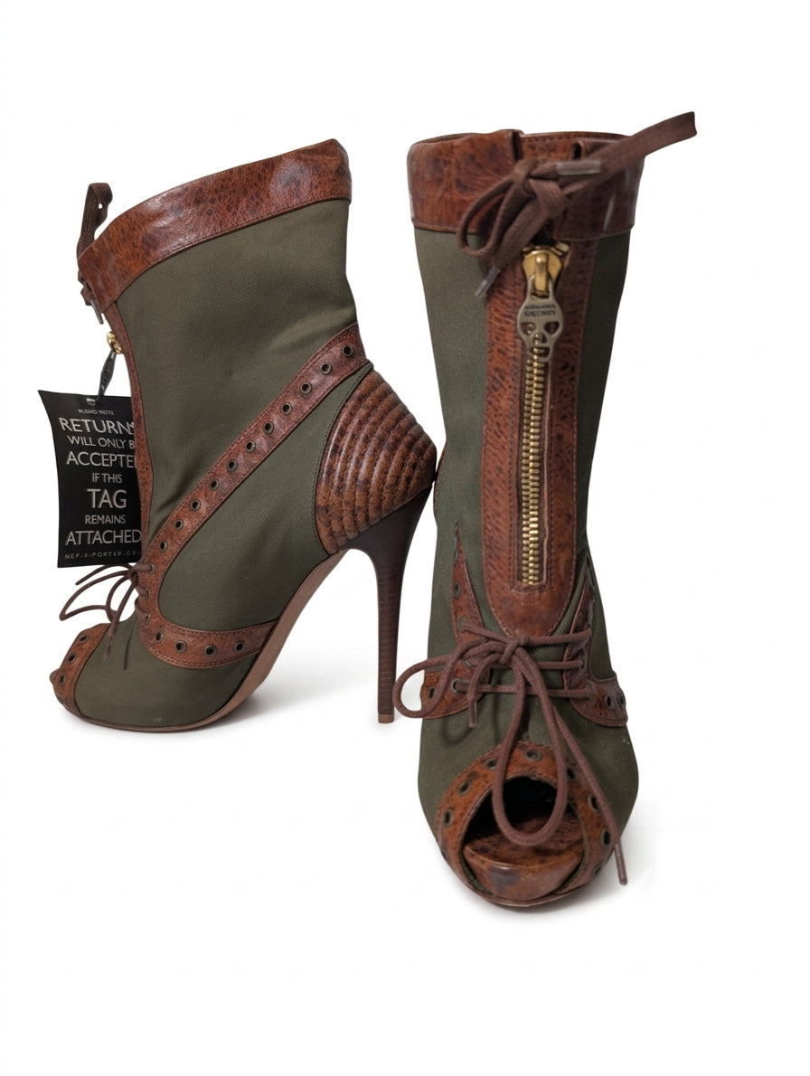 Alexander McQueen Khaki Canvas & Brown Leather Peep Toe Skull Zip Boots - Image 1