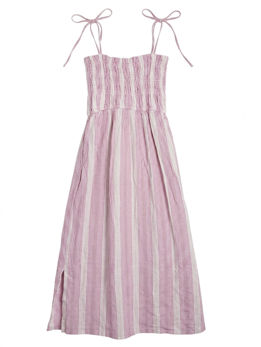Elka Collective Striped Smocked Midi Dress Pink & White AU 10 - Image 1