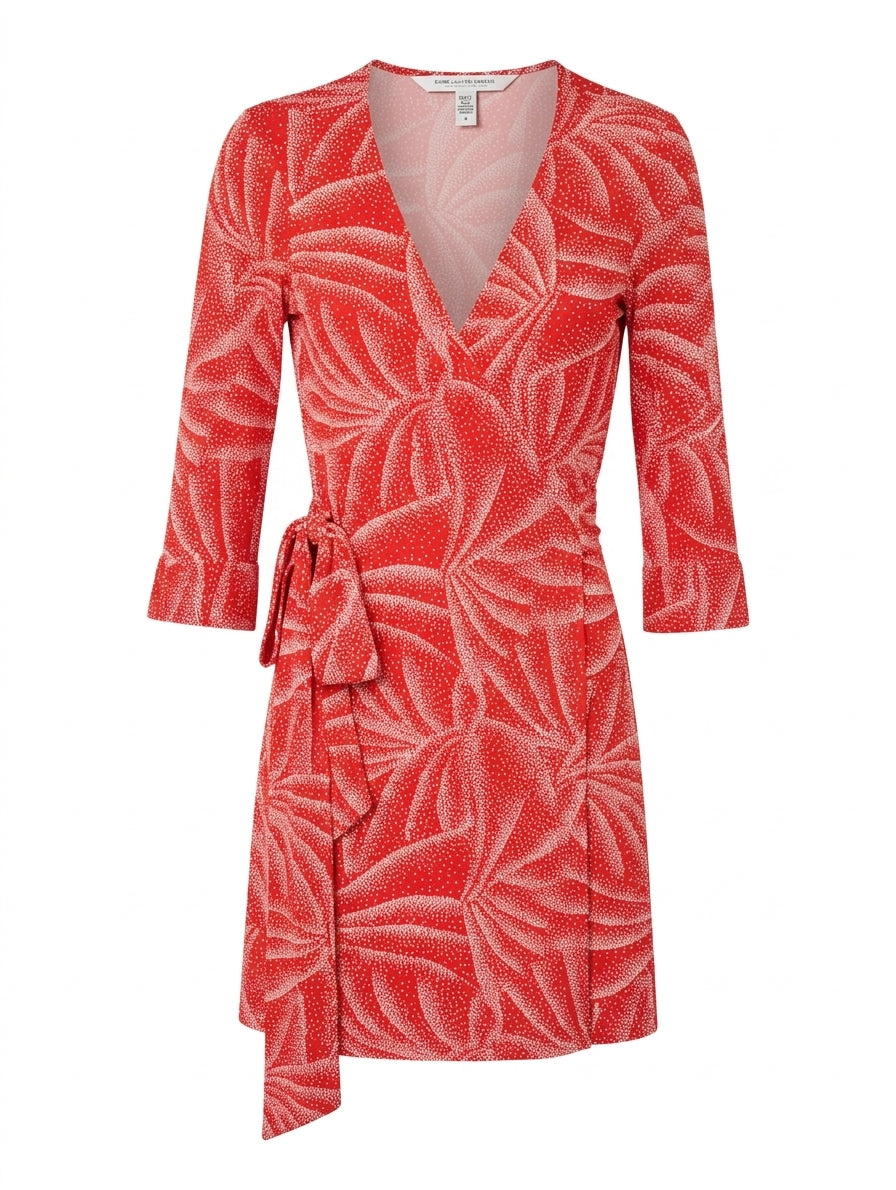 Diane von Furstenberg Julian Mini Wrap Dress Red White Leaf Print Size 4 - Image 1