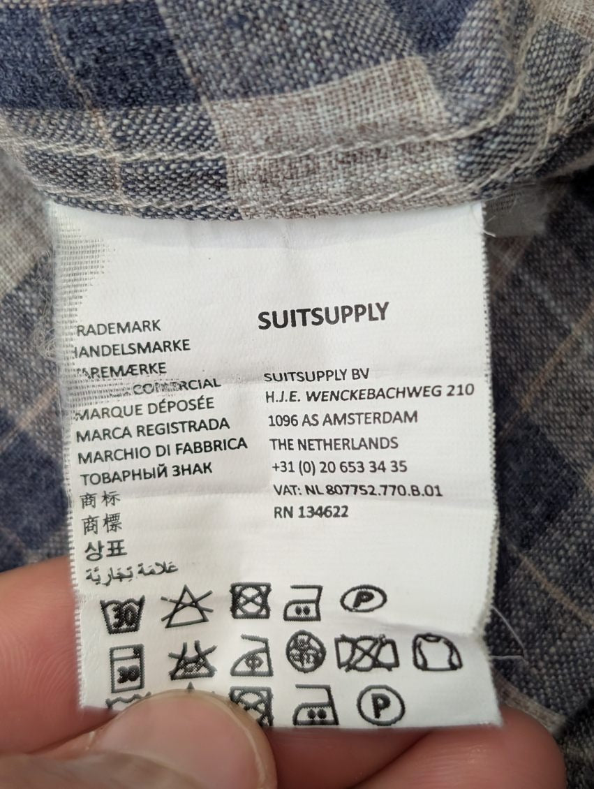 Suitsupply Men's Blue and White Check Pure Linen Shirt Size 37 / 14.5 - Image 5