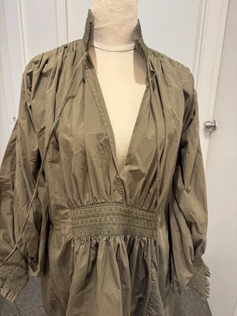 Lee Mathews Olive Green Smocked Waist Midi Dress - Image 5