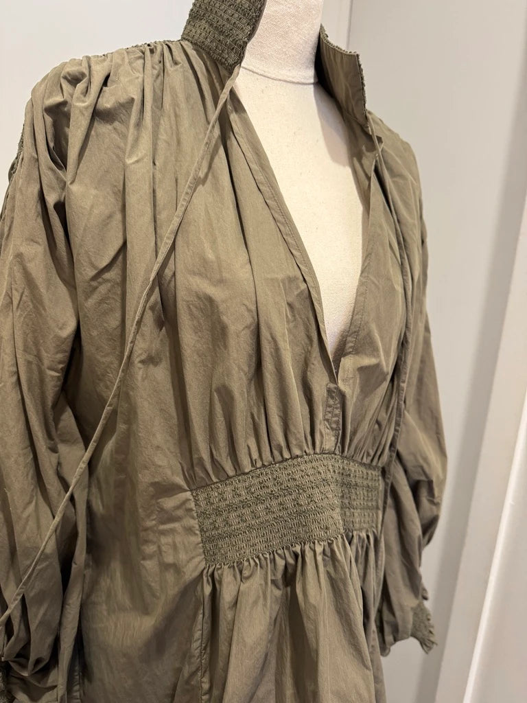 Lee Mathews Olive Green Smocked Waist Midi Dress - Image 6