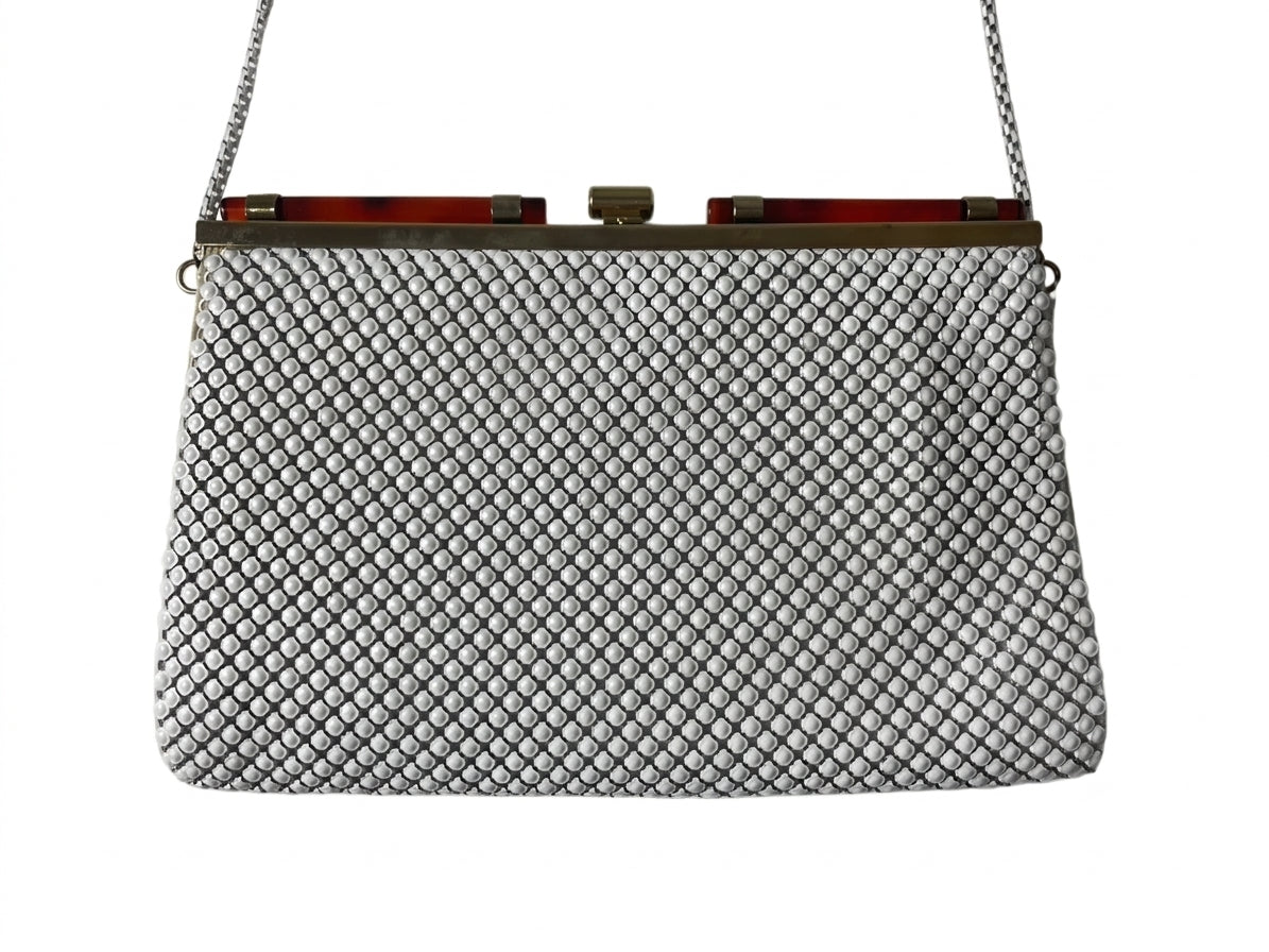 White Metal Mesh Evening Handbag with Gold-Tone Frame - Image 5