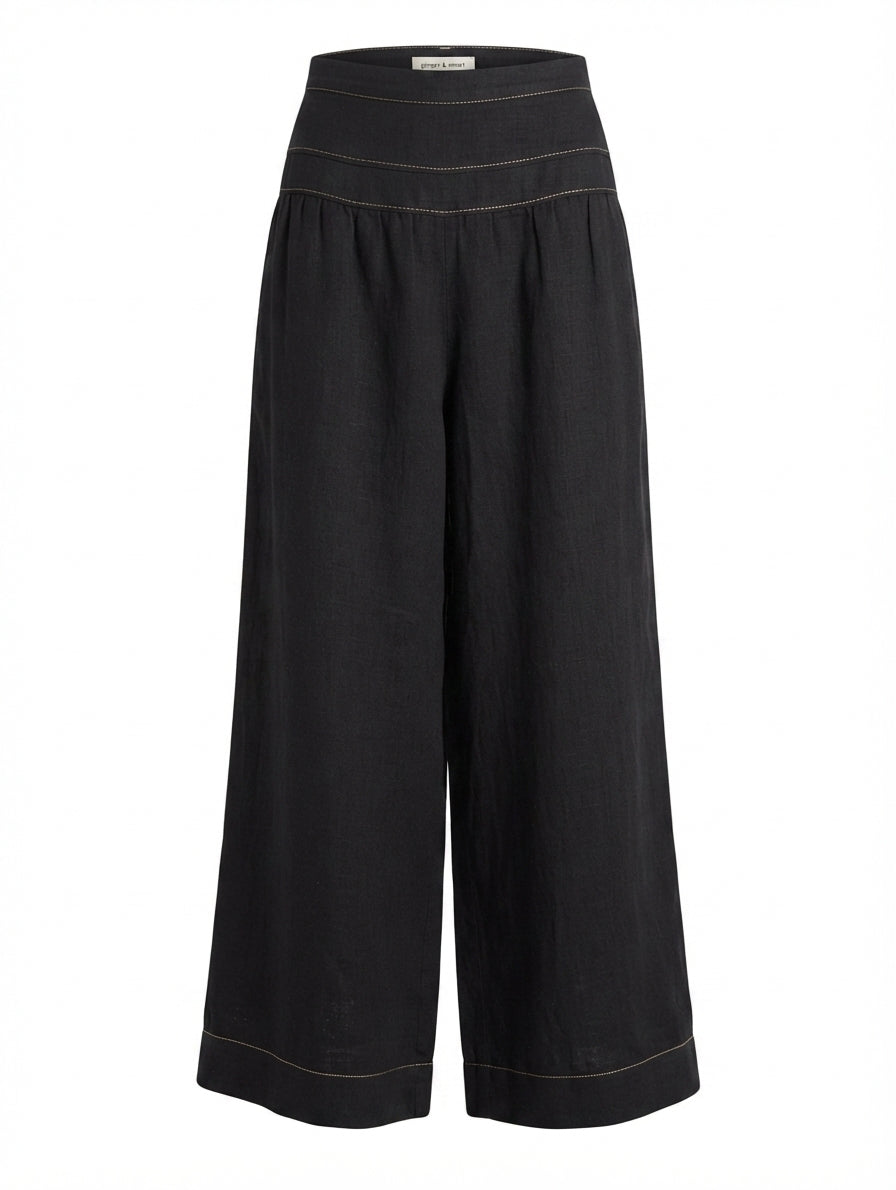 Ginger & Smart Wide-Leg Linen Trousers Black Contrast Stitching Size 8 - Image 1