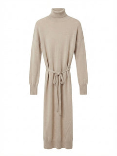 FAT Merino Wool Knit Turtleneck Midi Sweater Dress Beige Size 6 - Image 1