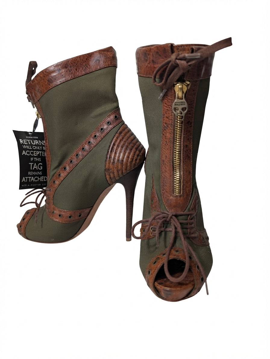 Alexander McQueen Canvas & Leather Peep-Toe Ankle Boots Khaki Brown Size 38 - Image 1