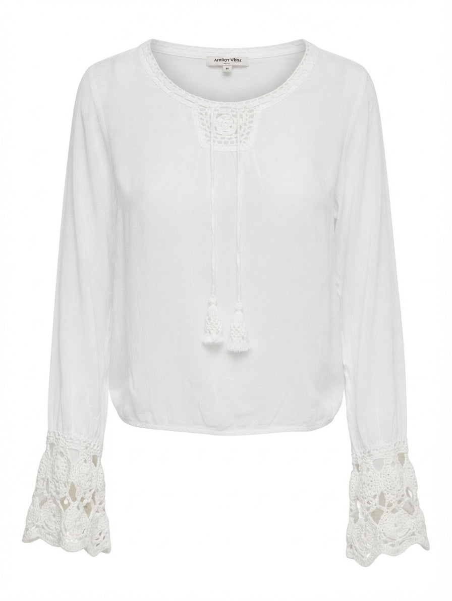 Arnhem Boho Crochet Trim Long Sleeve Blouse White Size M - Image 1