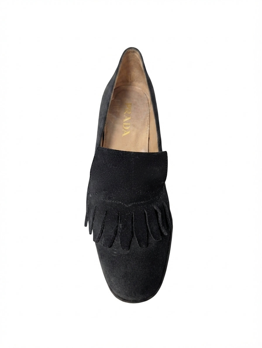 Prada Suede Fringed Kiltie Heeled Loafers Black EU 37 - Image 1
