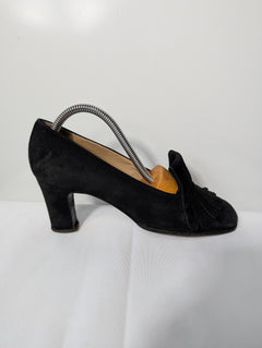 Prada Suede Fringed Kiltie Heeled Loafers Black EU 37 - Image 2