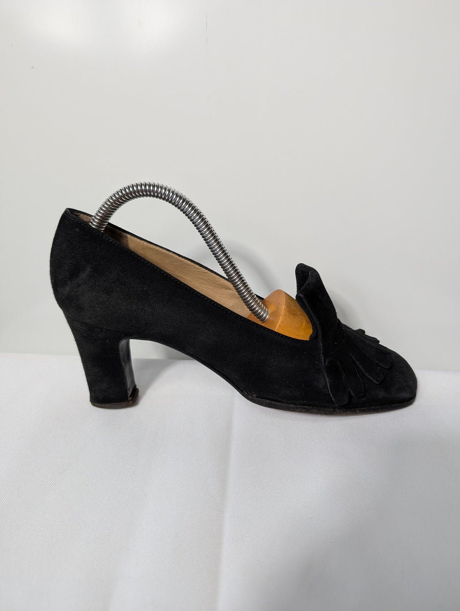 Prada Suede Fringed Kiltie Heeled Loafers Black EU 37 - Image 2