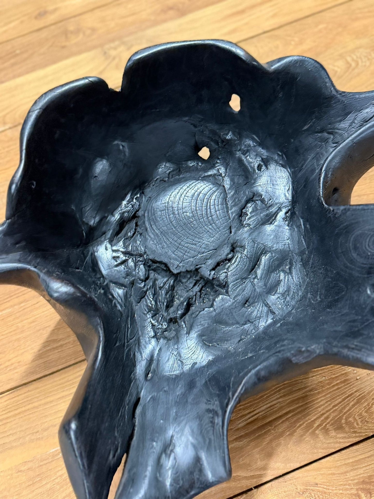 Hand-Carved Teak Root Bowl Black Stained Sculptural Piece - Image 7