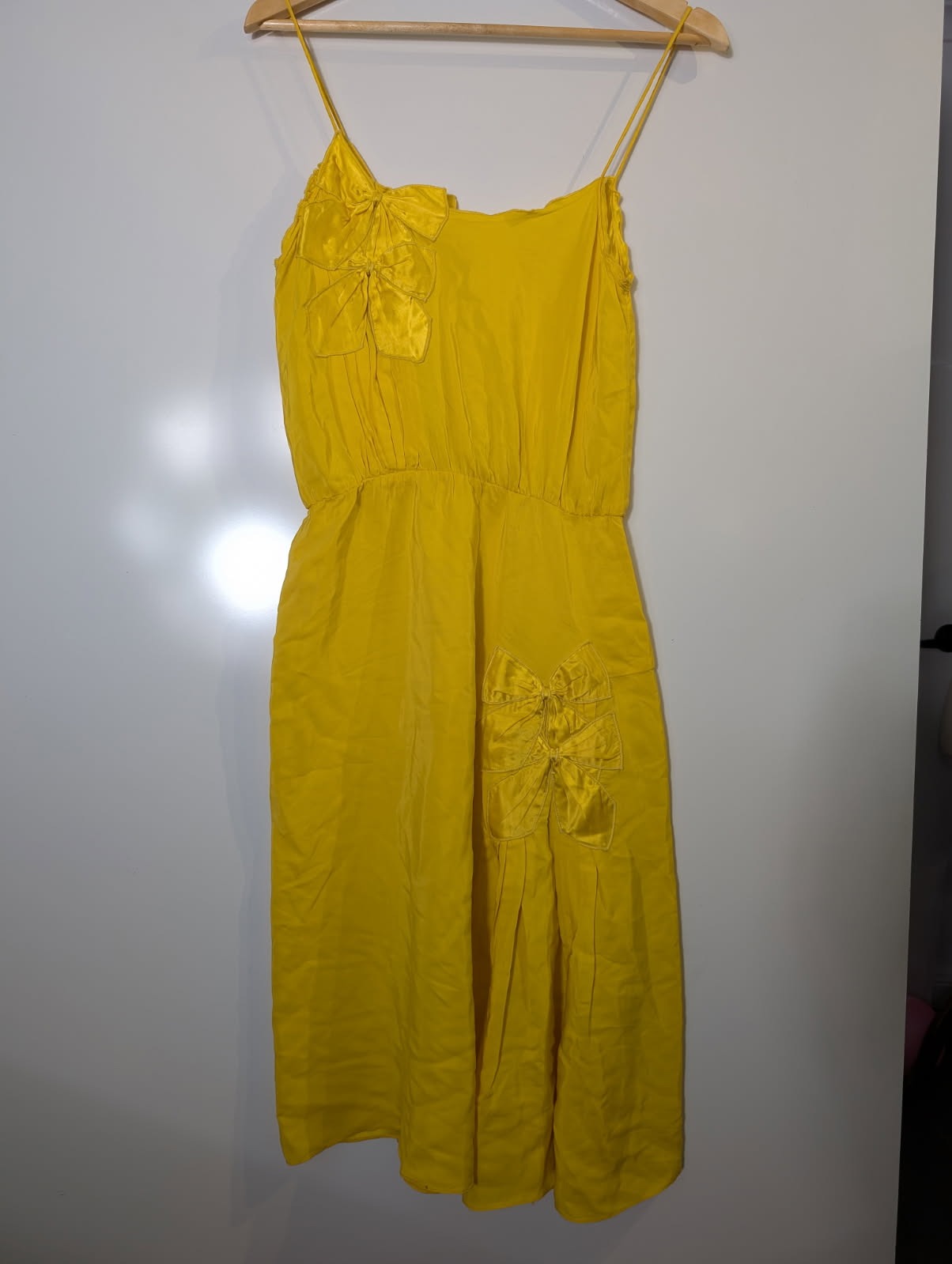 Scanlan & Theodore Vintage Yellow Silk Spaghetti Strap Bow Detail Dress - Image 7
