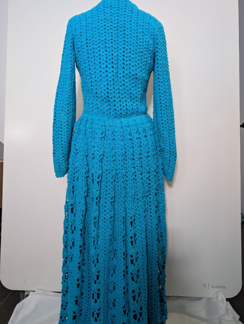 Vintage Handmade Crochet Maxi Dress - Vibrant Blue Long Sleeve - Image 7