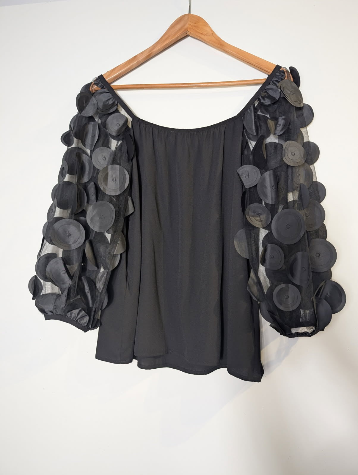 Joseph Ribkoff Black Mesh Sleeve Blouse with Circular Appliqué - Image 7
