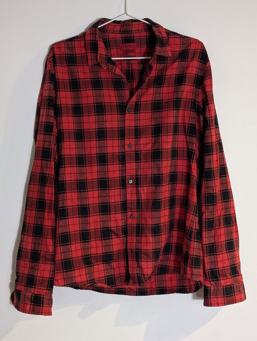 HUGO Boss Red and Black Plaid Button-Down Shirt - Men's Size M - Image 7