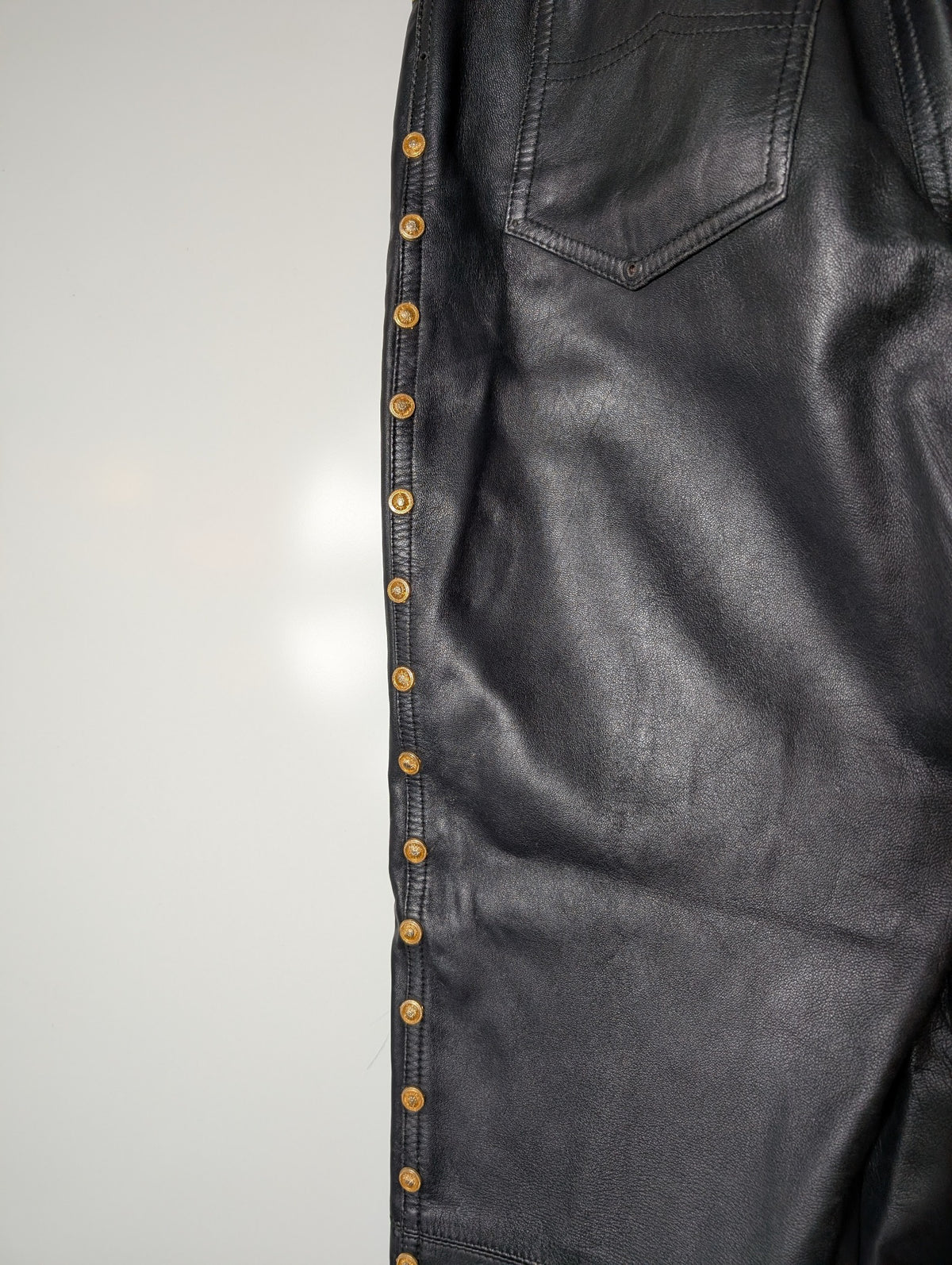 Vintage Leather Trousers Black With Gold Tone Studs Size 44 - Image 7