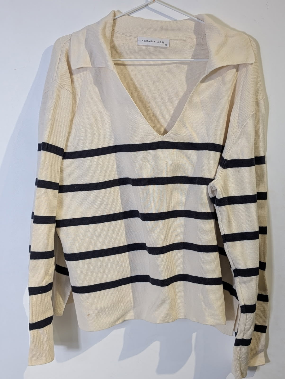 Assembly Label Striped Boat Neck Sweater - Cream & Navy Cotton - Image 7