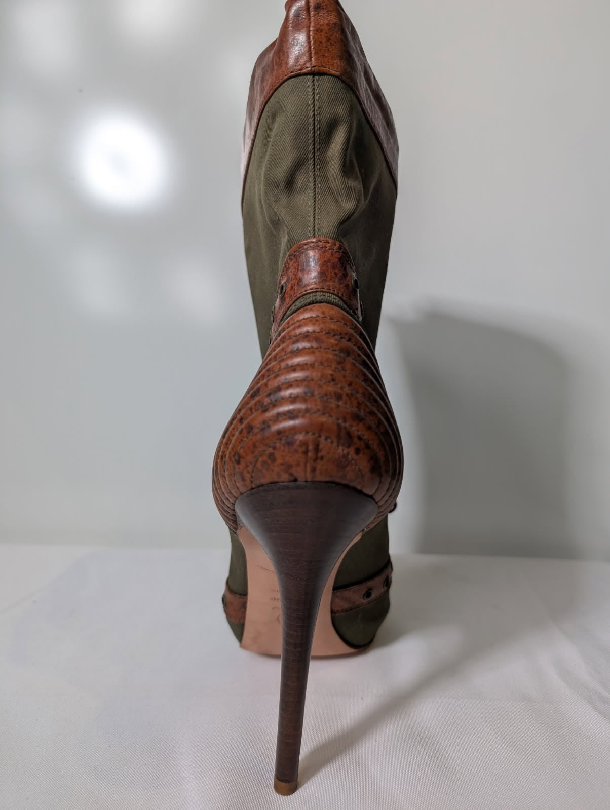 Alexander McQueen Khaki Canvas & Brown Leather Peep Toe Skull Zip Boots - Image 7