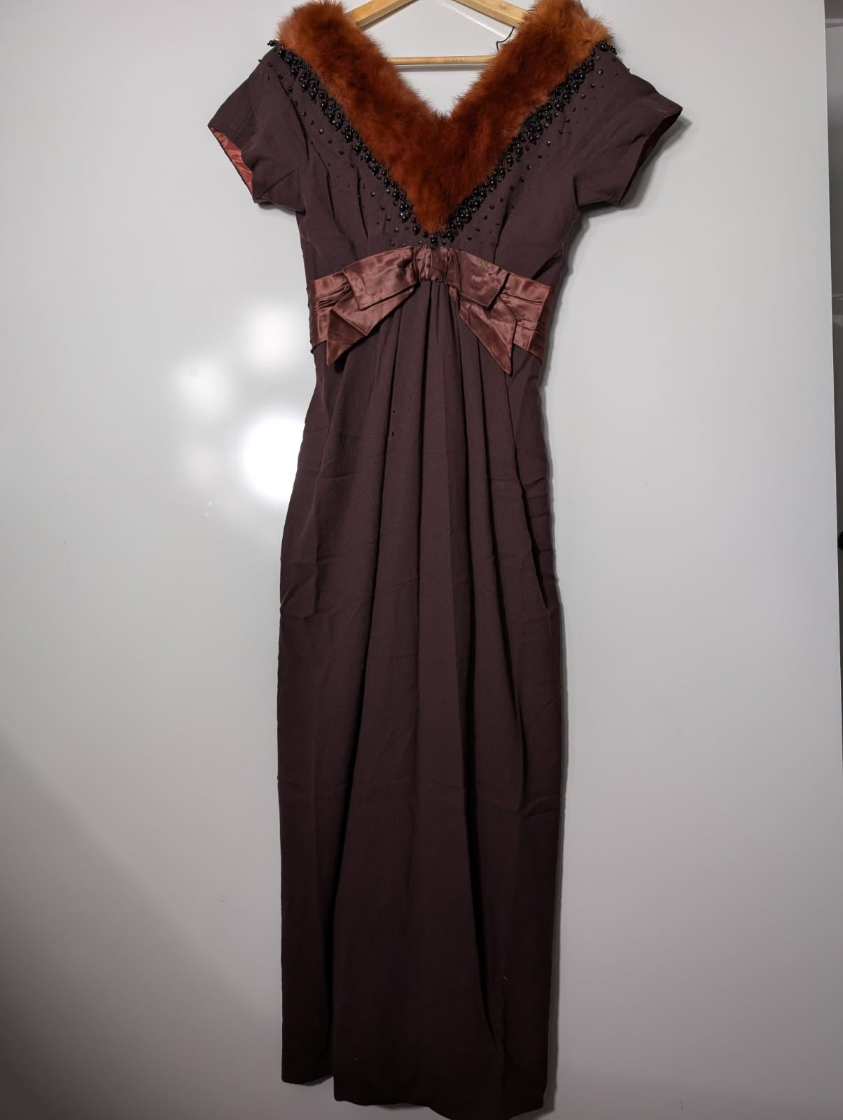 Vintage Raoul Couture Brown Wool Evening Dress with Faux Fur Collar - Image 7
