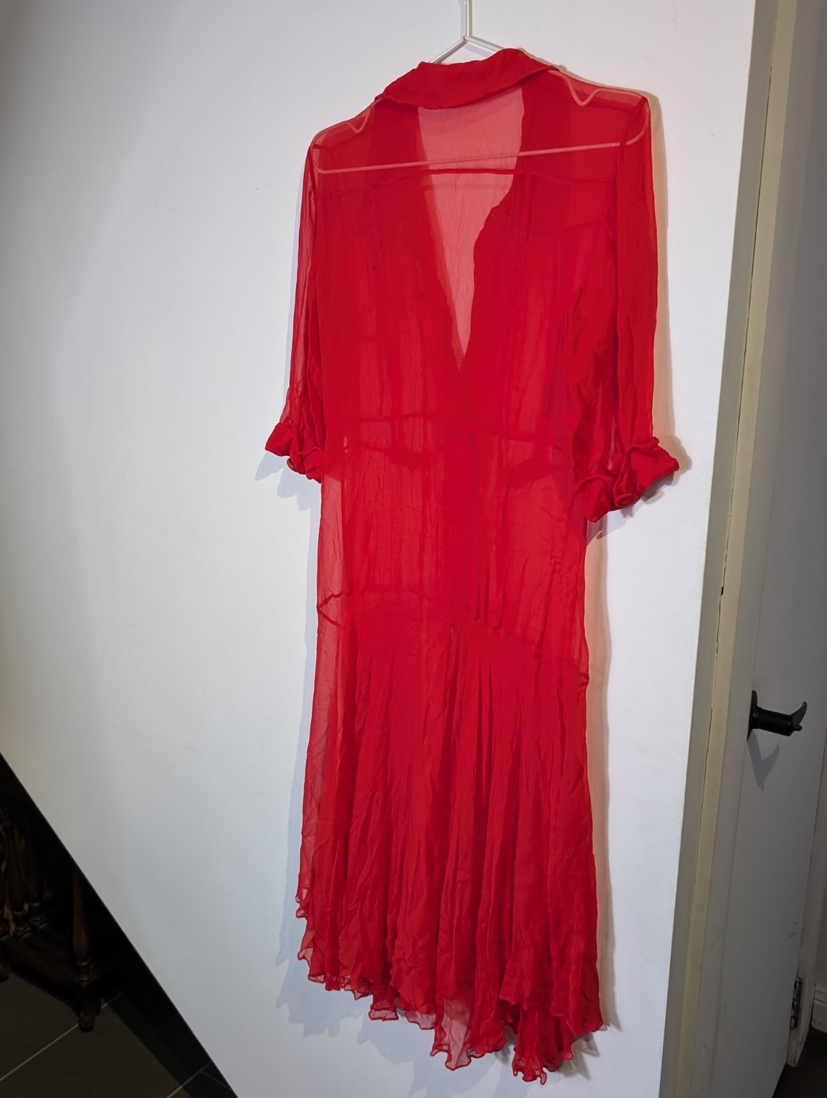 Scanlan & Theodore Red Silk Sheer Button-Down Dress - Image 7