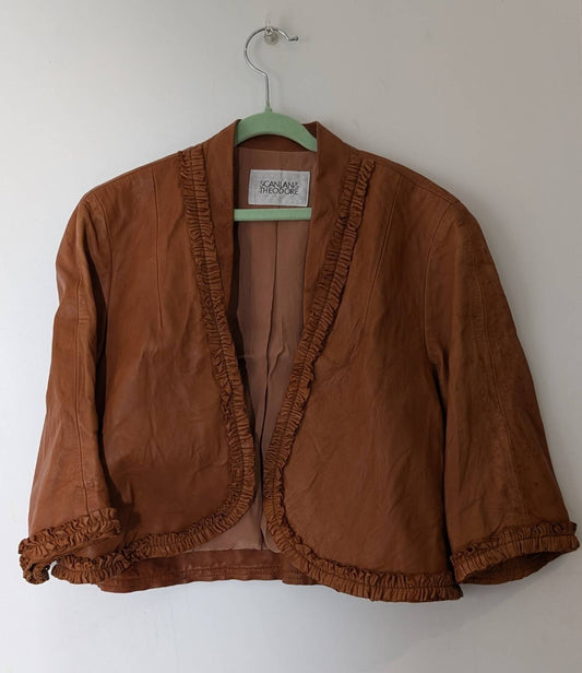 Scanlan & Theodore Leather Cropped Jacket - Ruffle Detail Brown Size SM - Image 1